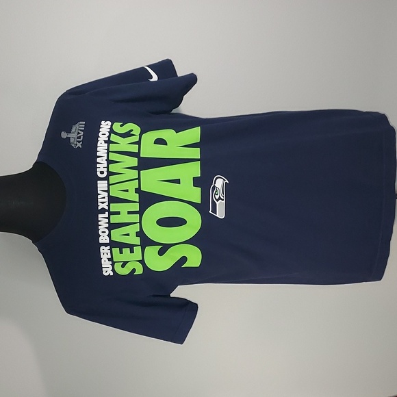 Nike Navy Blue Lime Green Seahawks Soar Superbowl XLVlll 48 Champions S/S Tee L - Picture 1 of 7